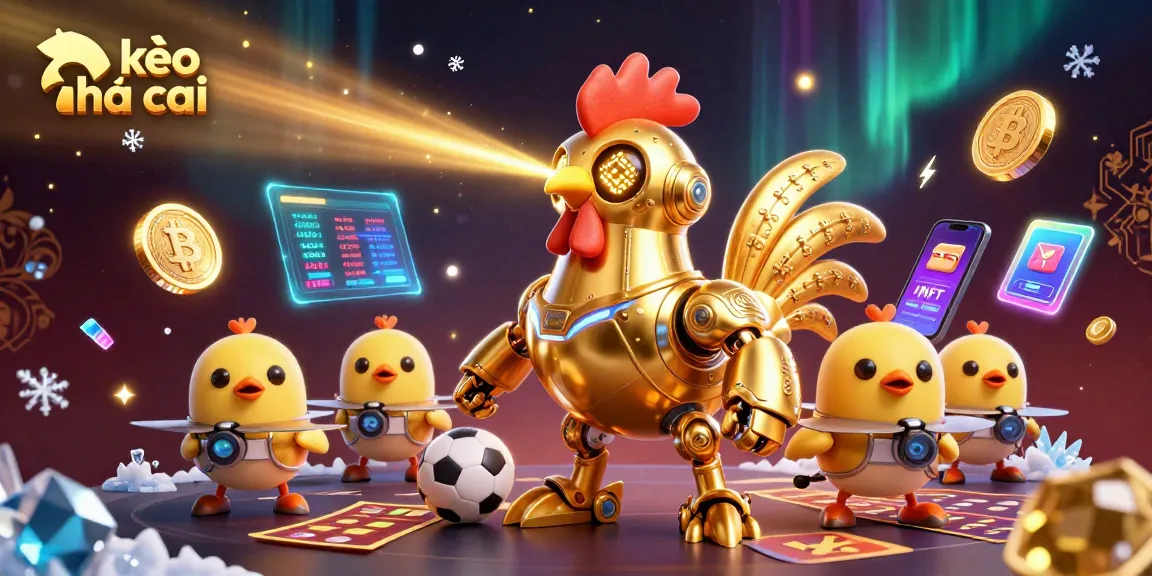 Bet on kèo nhà cái with a futuristic scene featuring a golden rooster robot and sports elements.