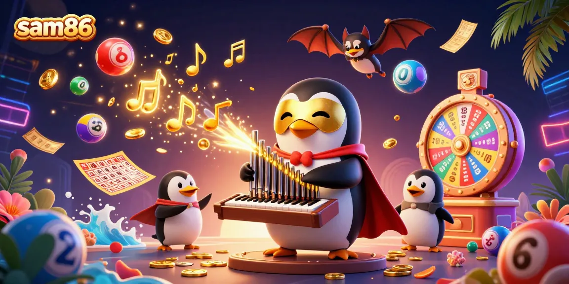 Experience thrilling gameplay at Sam86 with dynamic lottery balls and a captivating penguin organist amidst a fantasy casino.