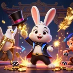 Socolive captures excitement with a magician rabbit and monkey in a vibrant casino scene.