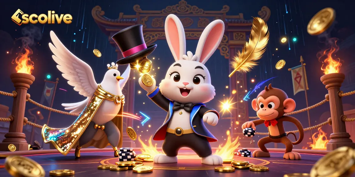 Socolive captures excitement with a magician rabbit and monkey in a vibrant casino scene.