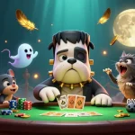 Watch the Frankenstein bulldog monster deal at sin8888's spooky casino table surrounded by thrilling game elements.