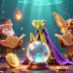 Engage with debet by exploring vibrant 3D casino scene featuring mystical characters and crypto elements.