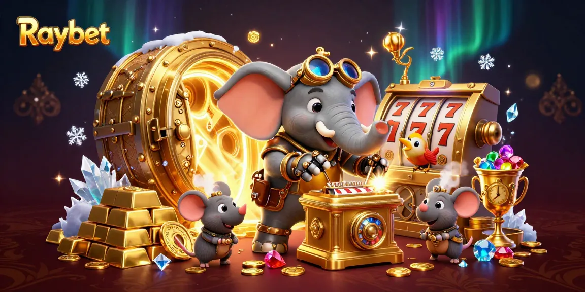 Experience Raybet's slot games with a steampunk elephant operating a dynamic slot machine amidst treasure.