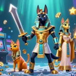 Experience thrilling gameplay at ee8880 with Anubis and Bastet amidst a vibrant casino scene.