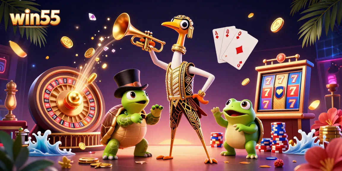 Engage with win55 at this vibrant casino scene showcasing a turtle and crane in an energetic speakeasy atmosphere.