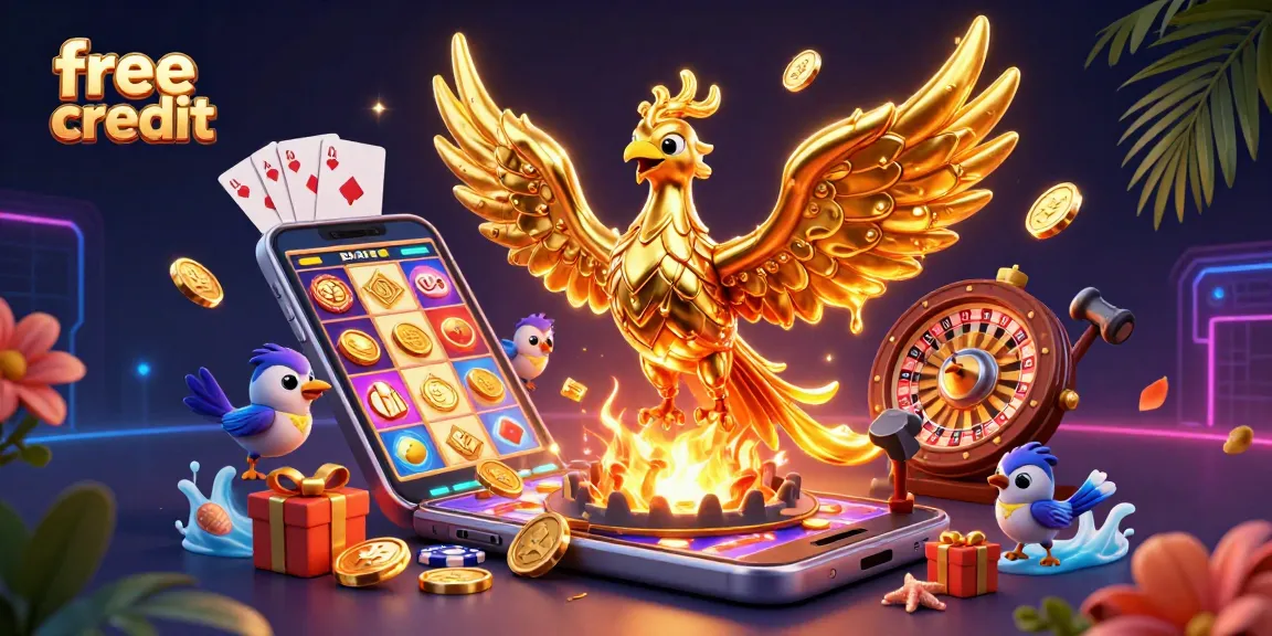 Experience free credit bonuses with exciting slot games and golden rewards in this vibrant casino scene.