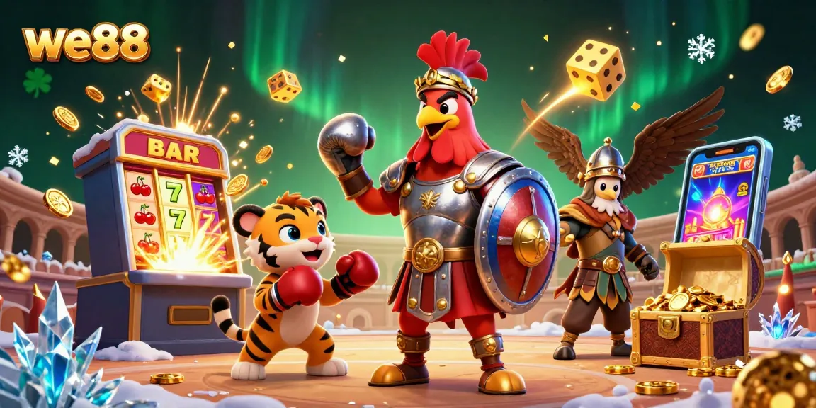 Experience the thrill of winning at we88 with a dynamic 3D casino scene featuring exciting games and characters.