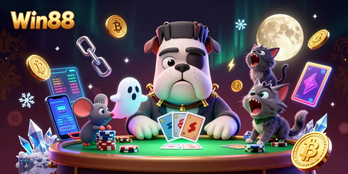 Win88 players enjoy vibrant casino cards dealt by a Frankenstein bulldog in a unique 3D scene.
