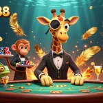Xocdia88 offers a vibrant casino scene with a giraffe in a suit at a poker table, showcasing dynamic gambling elements.