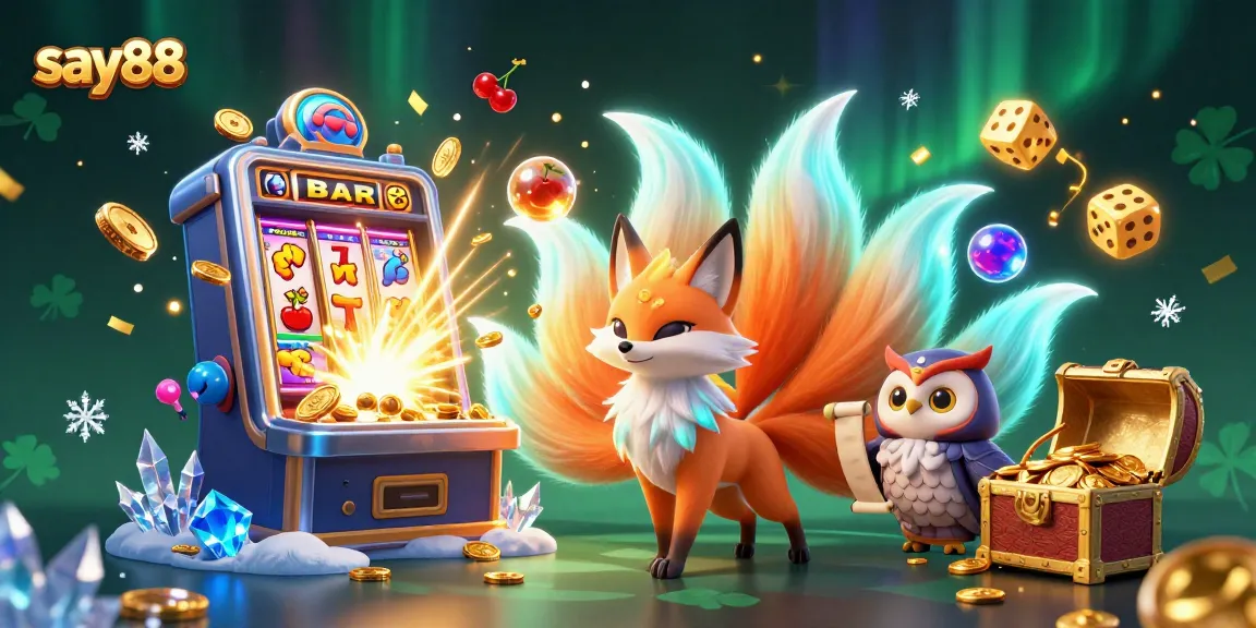 Win big at say88 with an enchanting 3D illustration of a nine-tailed fox, slot machine, and vibrant colors.