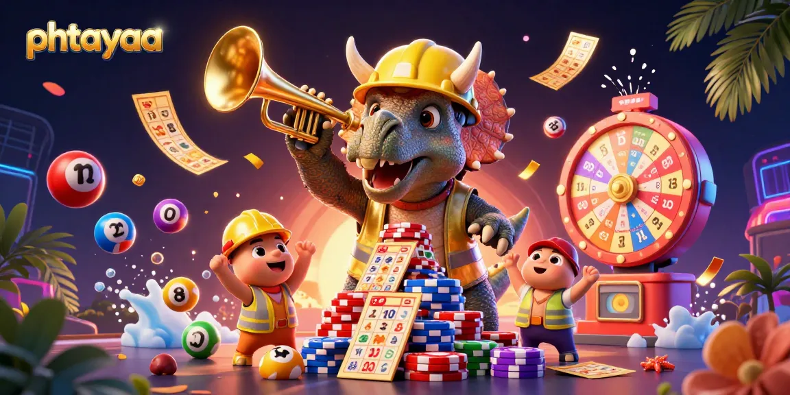 Join the excitement of phtayaa with a dynamic 3D casino scene featuring a triceratops creating a poker chip pyramid.