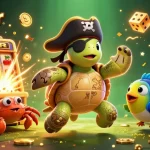 Engage in thrilling action with fun88cr as the animated pirate turtle leads a treasure hunt among slot machines and casino games.