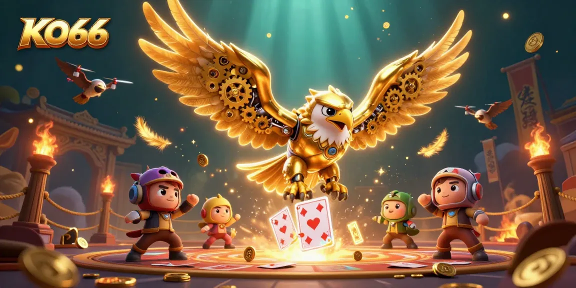 Engage in thrilling gameplay with KO66's cybernetic eagle soaring through dazzling cards.