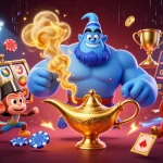 Engage with 33win's fantasy casino adventure featuring a genie and magical poker chips.