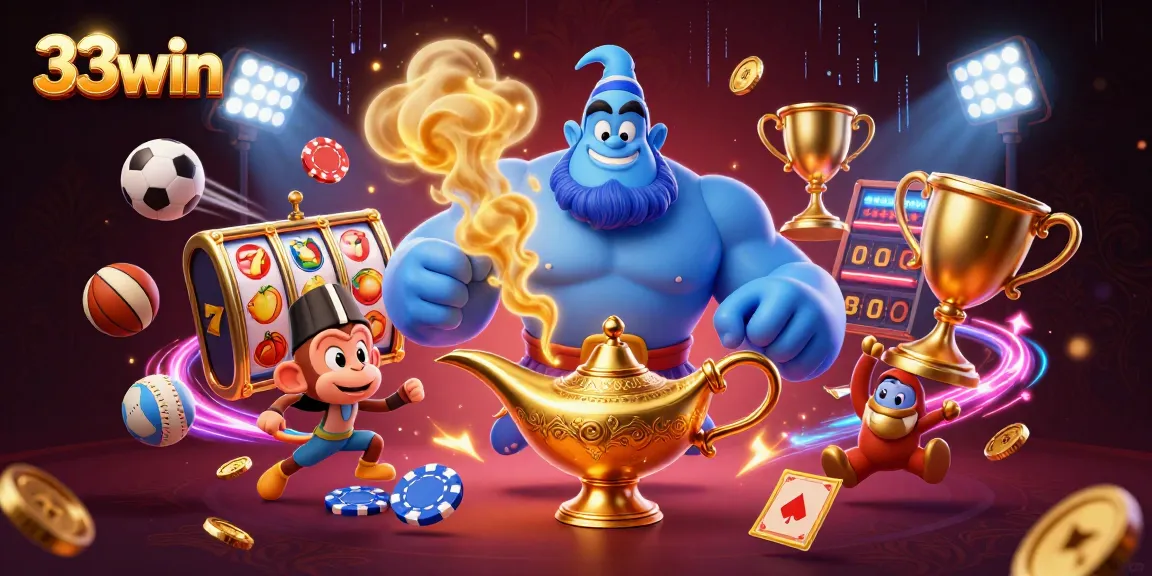 Engage with 33win's fantasy casino adventure featuring a genie and magical poker chips.