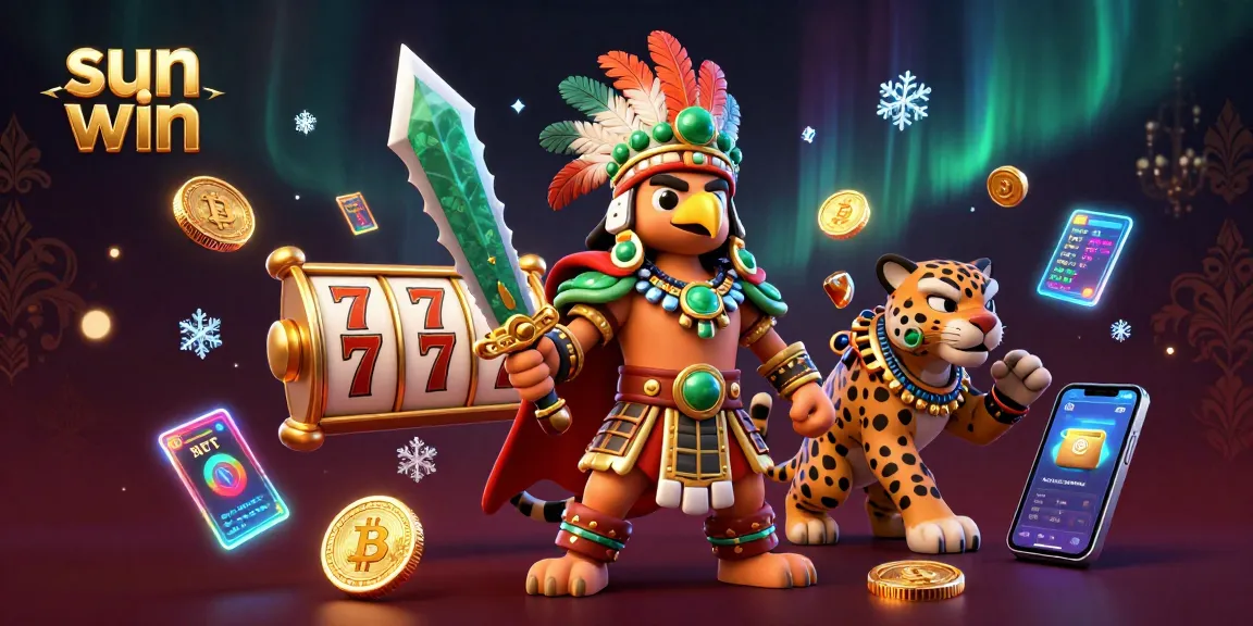 Sun win showcases vibrant 3D casino scene with Aztec warriors featuring slot games and cryptocurrency elements.