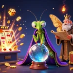 KUBET enhances your gaming with a vibrant casino scene featuring a mantis fortune teller and a moth librarian.