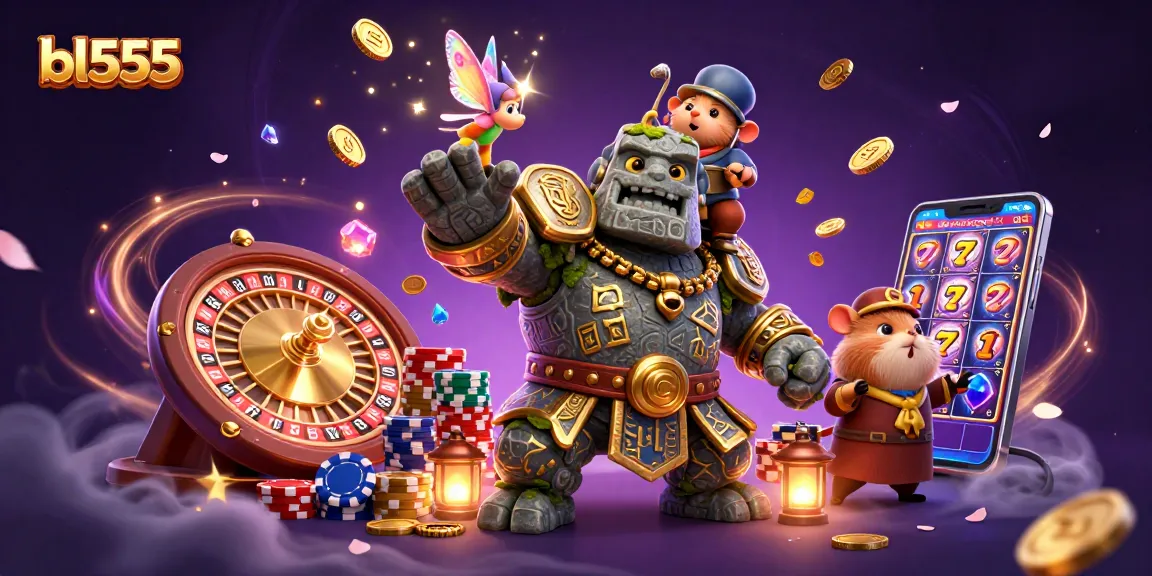 Experience the thrill of bl555 with a vibrant 3D illustration showcasing exciting casino elements and characters.