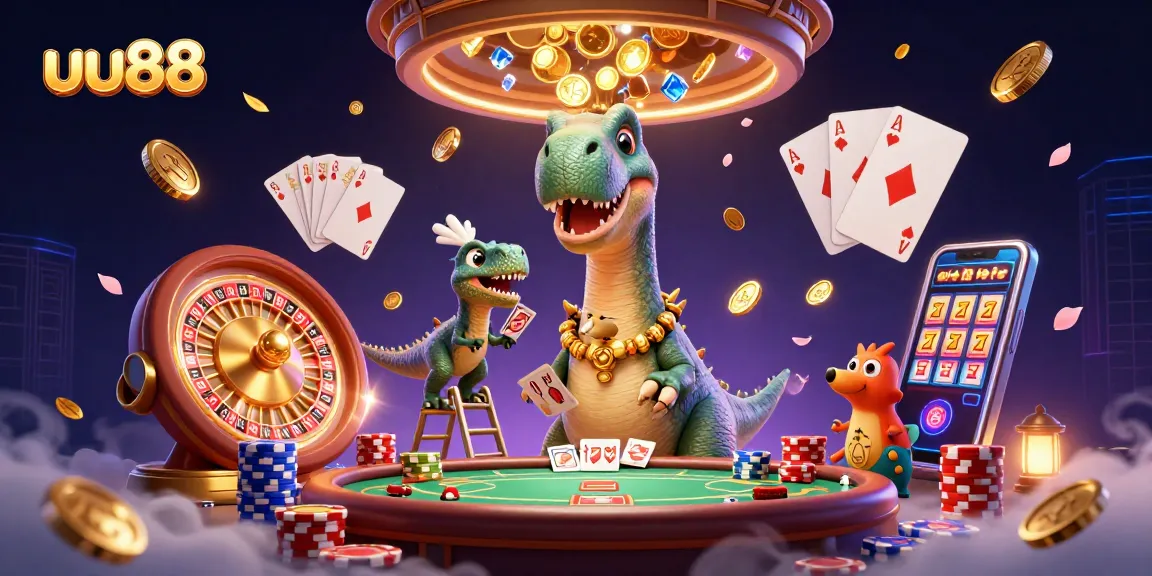 uu88 players engaging in a vibrant casino scene with a towering dinosaur and exploding coins