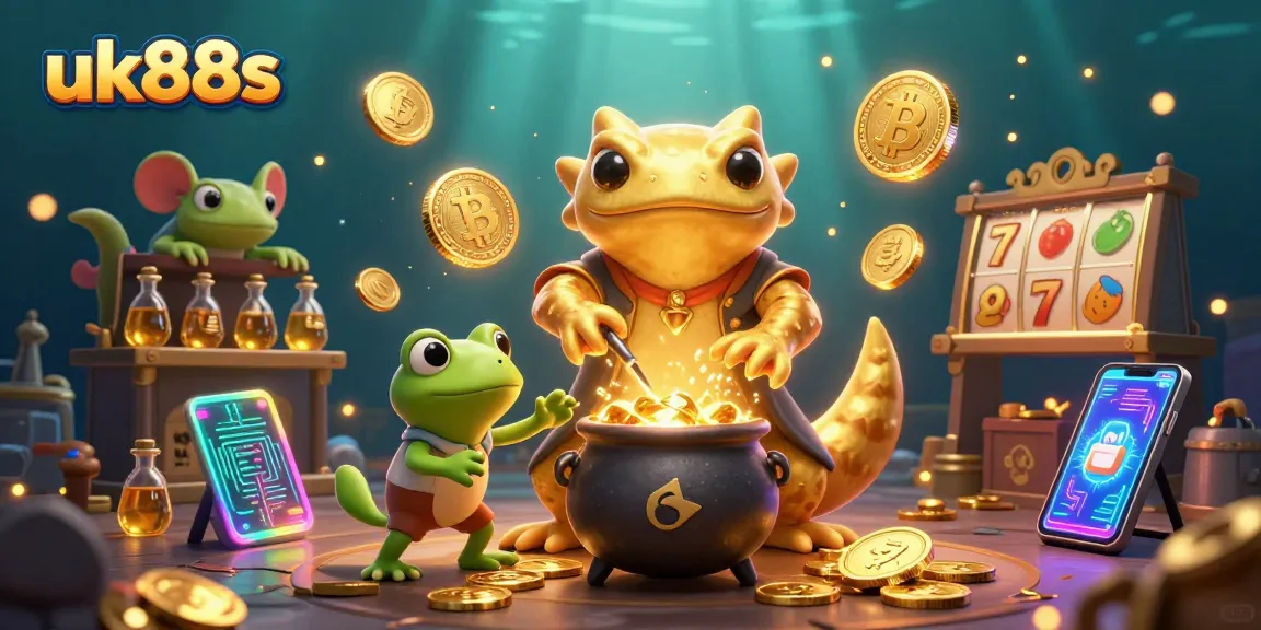 uk88s brings excitement with a vibrant digital casino scene featuring a golden salamander alchemist and crypto elements.