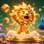 Experience the magic of gaming with 11 win inc’s vibrant 3D illustration featuring golden dice and a roaring sun lion.