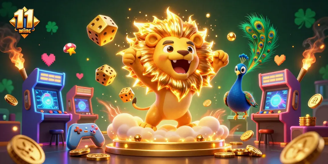Experience the magic of gaming with 11 win inc’s vibrant 3D illustration featuring golden dice and a roaring sun lion.