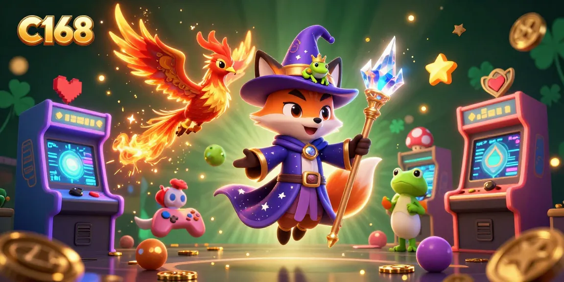 C168 players spin the reels with excitement in a vibrant, magical casino world featuring fantasy elements.