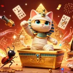 Engage with hi88 at this vibrant casino scene featuring a mummy cat, golden treasures, and thrilling game elements.