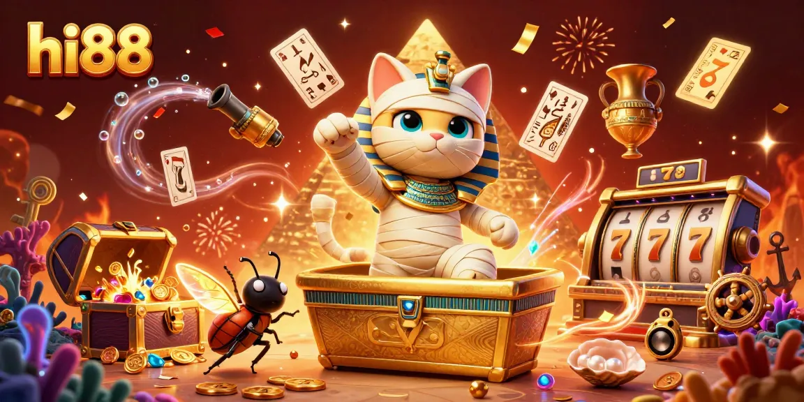 Engage with hi88 at this vibrant casino scene featuring a mummy cat, golden treasures, and thrilling game elements.