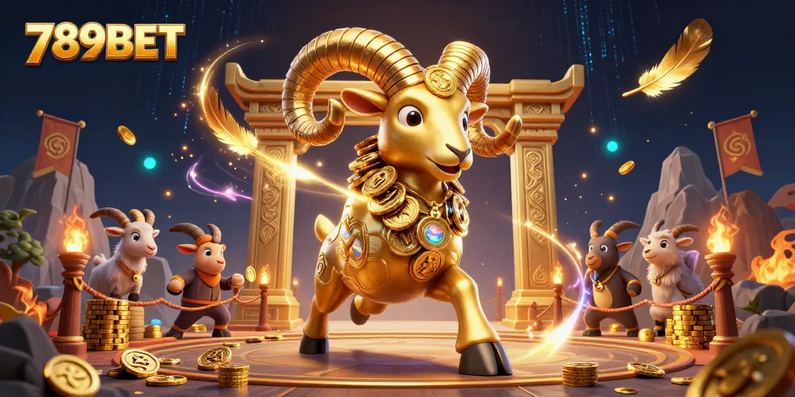 Experience thrilling gameplay at 789BET with a dynamic scene featuring a charging golden ram amidst vibrant casino elements.