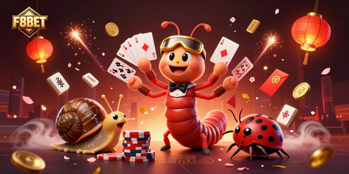 Witness F8BET's thrilling casino world with a millipede dealer, high-roller snail, and excitement-filled game elements.