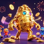 Experience the magic of linksunwin with vibrant balls and a gold golem in an exciting lottery scene.