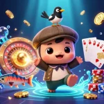Play tài xỉu go88 with adorable characters amidst a rich 3D casino scene filled with games and treasures.