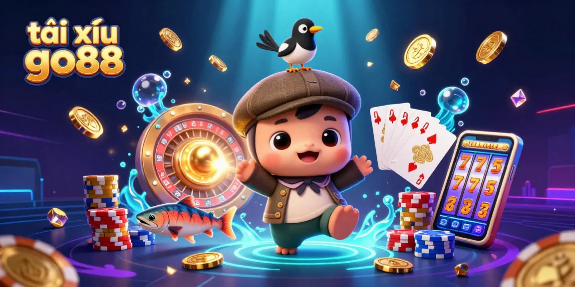 Play tài xỉu go88 with adorable characters amidst a rich 3D casino scene filled with games and treasures.