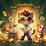 Experience the thrilling action at sunwin with a mad scientist cat and a loyal dog in a vibrant casino scene.