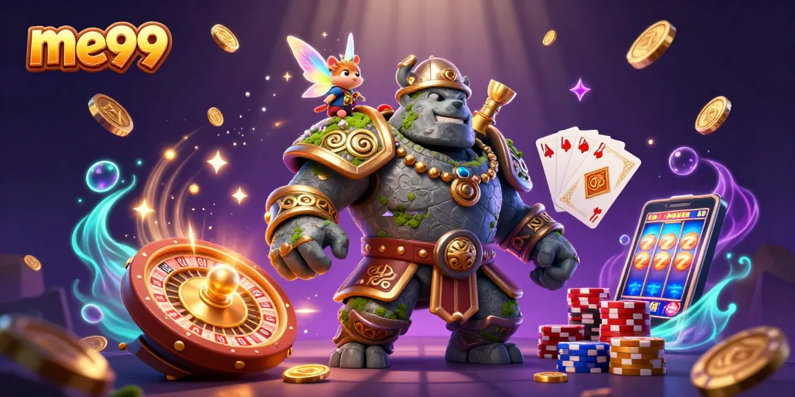 Spin to win at me99 with a magical scene featuring a golem, fairy, and hamster knight!