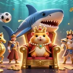 BONG88 lobster battles as a tiny king on a megalodon throne with gold coins and sports elements