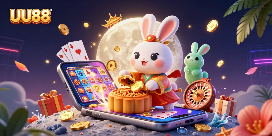 Experience thrilling gaming with UU88 as the moon rabbit unveils poker rewards amidst a vibrant casino scene.