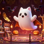 Engage with QH88 in a dynamic casino scene featuring a ghost cat, bat, and glowing poker faces.