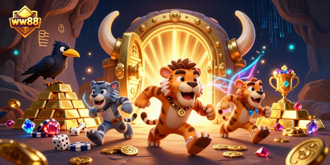 Experience the thrill at ww88 with a vibrant 3D casino scene featuring unique caveman characters and dazzling treasures.