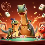 Experience the thrill of uu33 with a vibrant casino scene featuring a brontosaurus and raptor dealing cards.