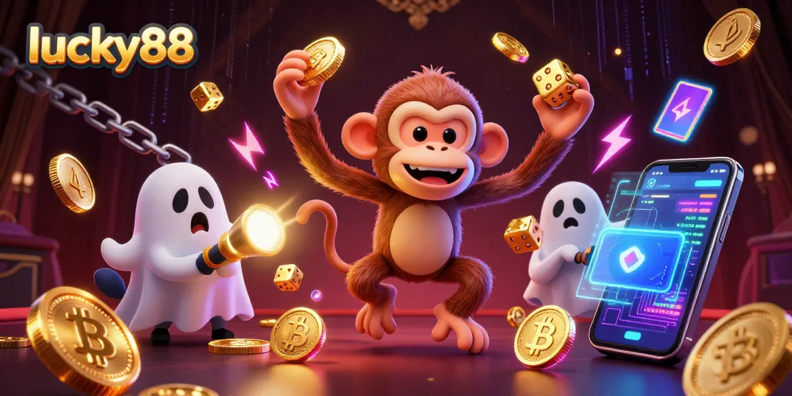Engage in thrilling gaming action at lucky88 with a lively scene featuring ghostly characters and crypto elements.