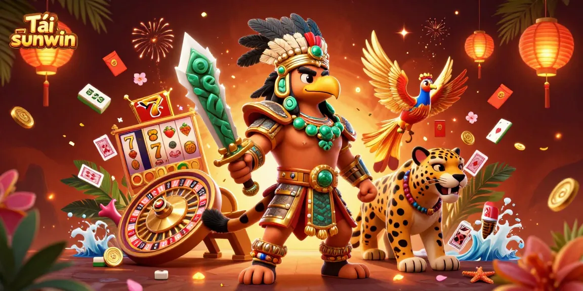 Tải sunwin features vibrant illustrations of an Aztec warrior and jaguar amidst dynamic casino elements like slot reels and poker cards.