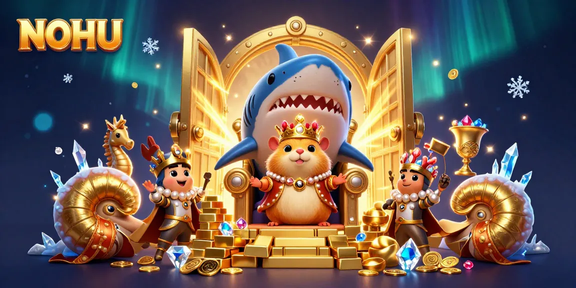 NOHU casino scene with a tiny golden hamster king on a shark throne surrounded by treasure and winnings