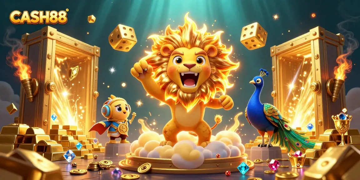 CASH88 creates excitement through a vibrant, animated casino-themed scene showcasing a roaring lion and colorful game elements.