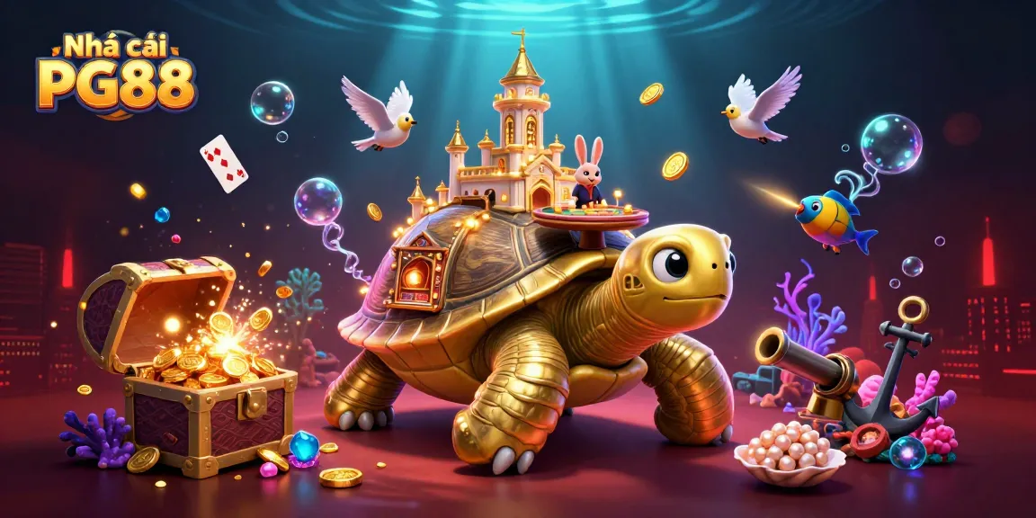 Engage with Nhà cái PG88's vibrant 3D casino scene featuring a golden tortoise and a rabbit dealer.