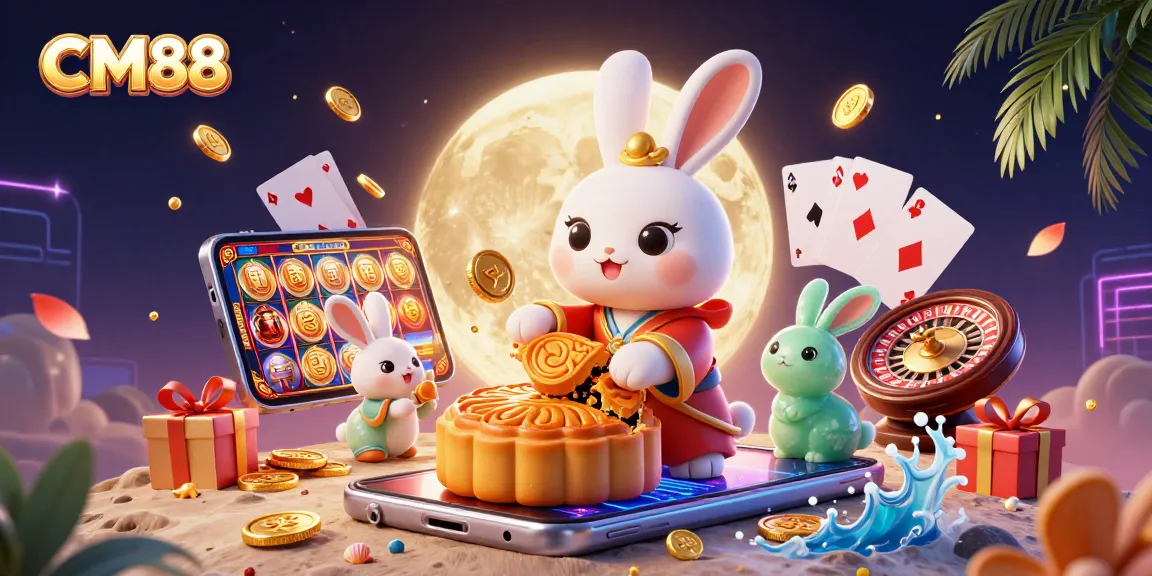 Experience exhilarating gameplay at CM88 with vibrant slot games, poker chips, and festive mooncake elements!