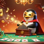 KJC entertains as a penguin plays an organ shooting coins amid a bustling casino environment.