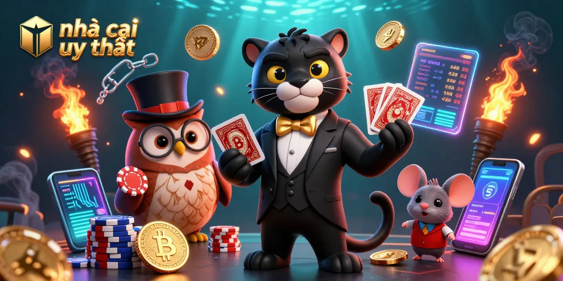 Engage with nhà cái uy tín through a stylish 3D illustration showcasing a panther dealer, owl with chips, and lucky mouse.