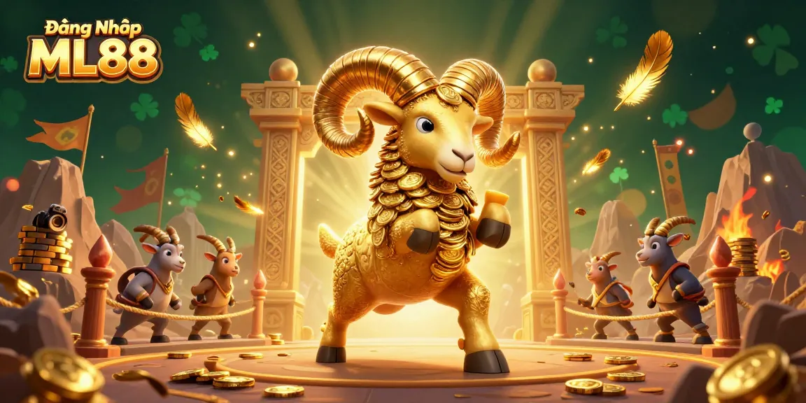 Engage in thrilling action at Đăng Nhập ML88, featuring a 3D cartoon ram charging through a vibrant casino scene.